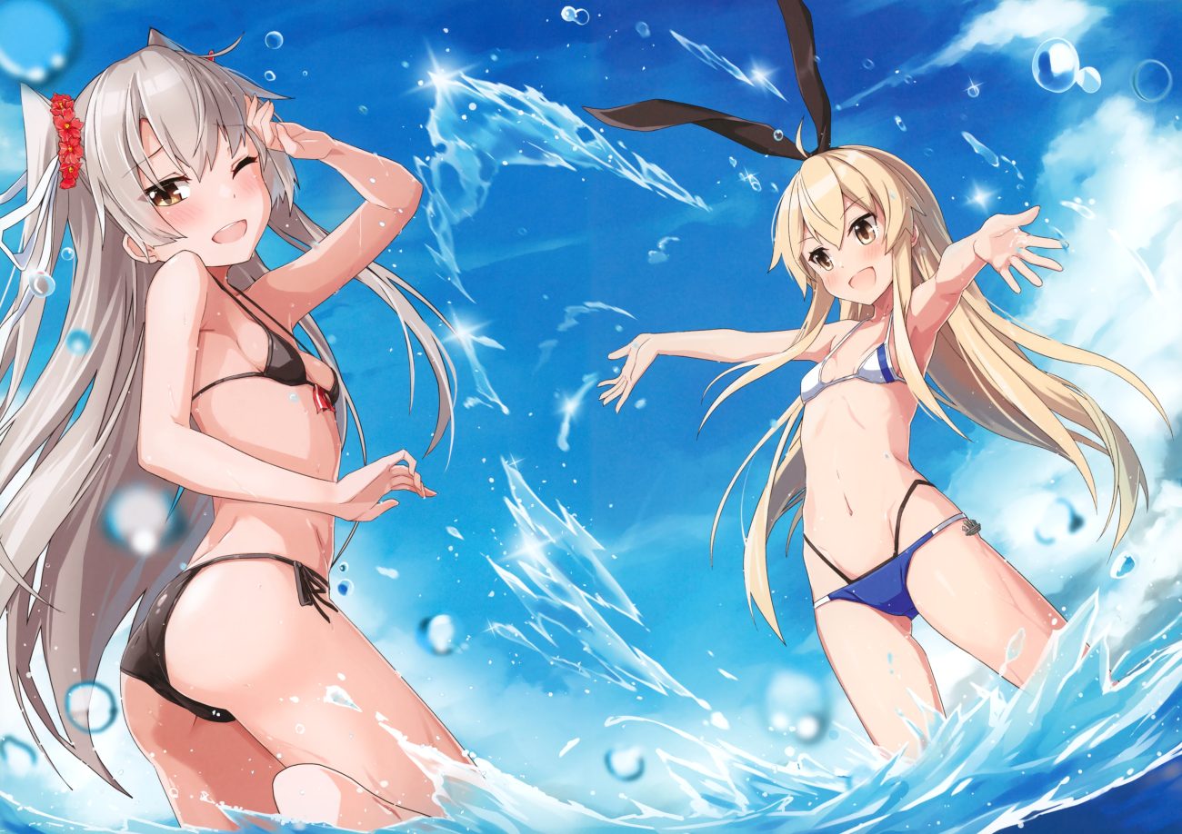 2girls amatsukaze (kancolle) anthropomorphism bikini kantai collection long hair scan shimakaze (kancolle) swimsuit takanashi kei (hitsujikan) water