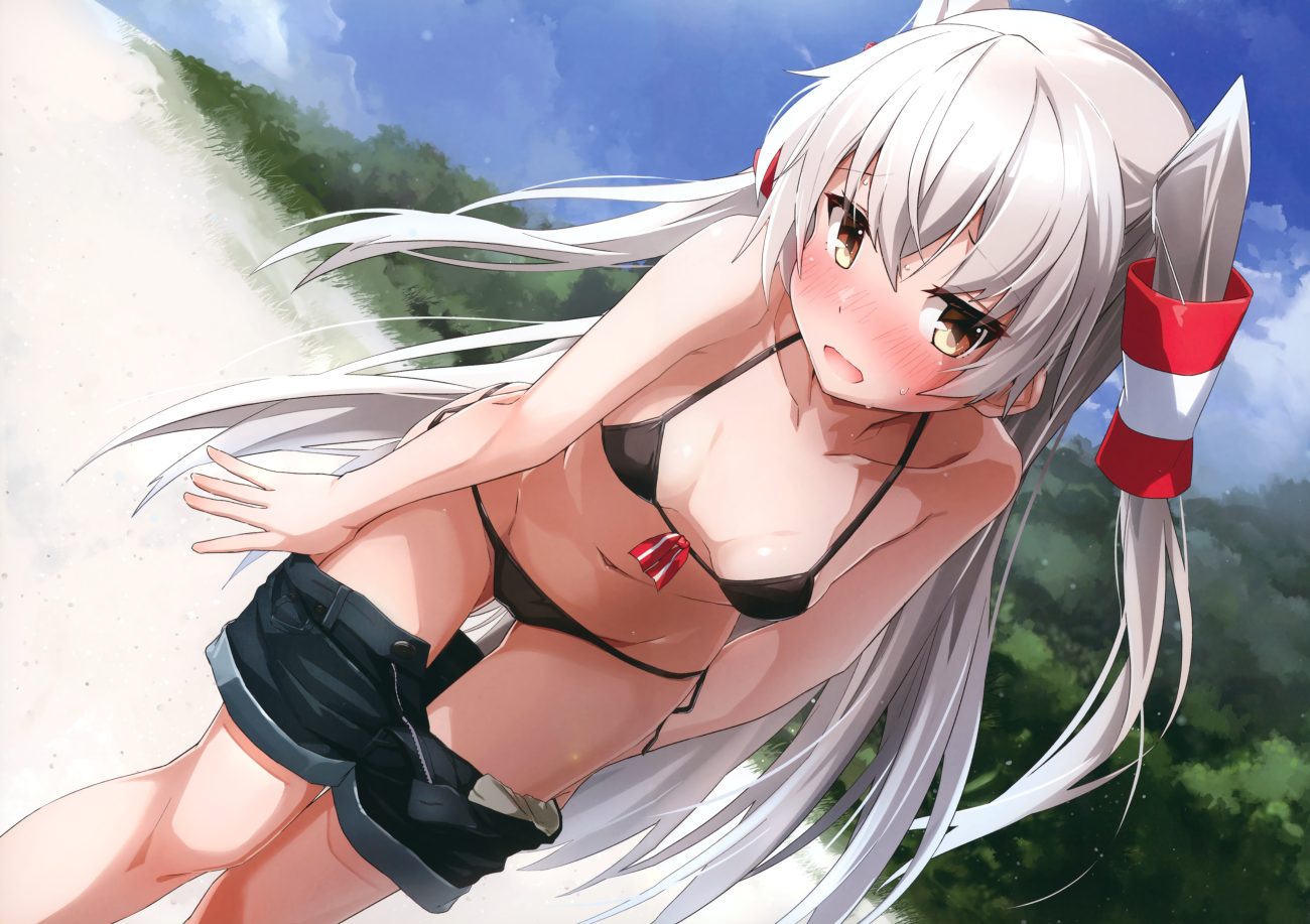 amatsukaze (kancolle) anthropomorphism bikini blush breasts gray hair kantai collection long hair scan shorts swimsuit takanashi kei (hitsujikan) twintails undressing yellow eyes