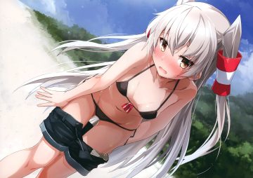 amatsukaze (kancolle) anthropomorphism bikini blush breasts gray hair kantai collection long hair scan shorts swimsuit takanashi kei (hitsujikan) twintails undressing yellow eyes