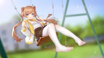 animal ears blue eyes blush brown hair collar hood long hair maou renjishi original pantyhose skirt twintails watermark