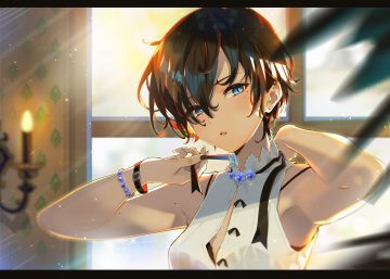 aruterra black hair blue eyes choker close original ribbons see through short hair wristwear