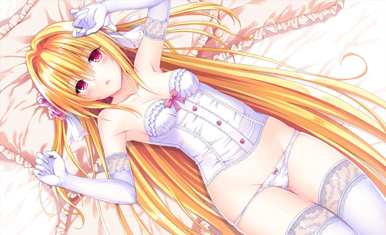 blonde hair blush bow elbow gloves ffcreatyuuki gloves golden darkness long hair panties pink eyes thighhighs to love ru underwear