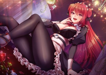 breasts cleavage demon erze (king's raid) fang flowers headdress king's raid long hair maid ositi0528 pantyhose pink eyes red hair rose