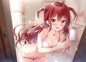 blush bra breasts cleavage long hair navel necklace original panties phone red hair sousouman twintails underwear yellow eyes