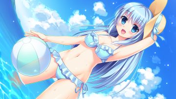 ball bikini blue eyes blue hair blush breasts cleavage clouds hat long hair navel original ribbons sky swimsuit umitonakai water
