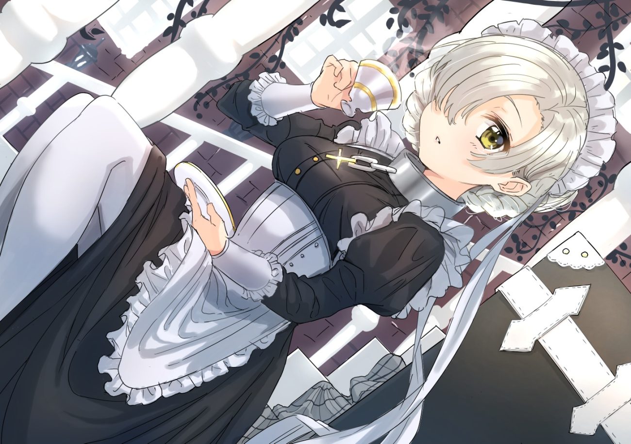 anthropomorphism apron azur lane braids collar corset cross dress drink green eyes headdress maid pantyhose ribbons sheffield (azur lane) short hair tsukiman white hair