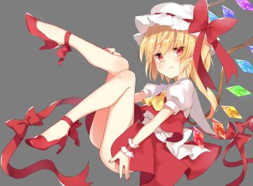blonde hair bow fang flandre scarlet hat loli paragasu (parags112) ponytail red eyes ribbons skirt touhou transparent vampire wings wristwear
