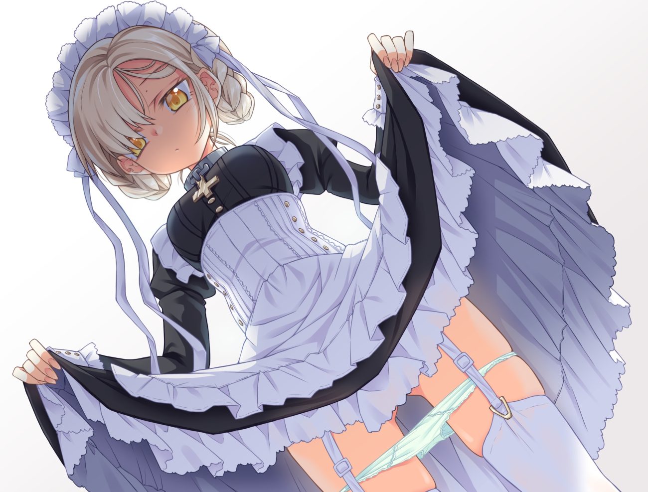 anthropomorphism apron azur lane blonde hair braids collar cross dress garter belt gradient headdress ina (inadahime) maid panties panty pull sheffield (azur lane) short hair skirt lift stockings thighhighs underwear yellow eyes