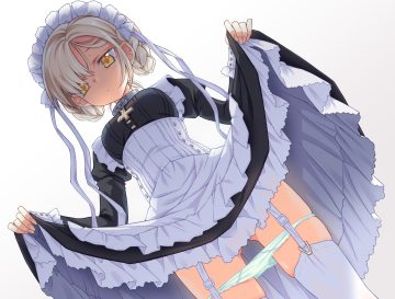 anthropomorphism apron azur lane blonde hair braids collar cross dress garter belt gradient headdress ina (inadahime) maid panties panty pull sheffield (azur lane) short hair skirt lift stockings thighhighs underwear yellow eyes