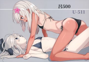 anthropomorphism ass bikini blue eyes dark skin flat chest gray hair hat kantai collection long hair ro-500 (kancolle) scan shoujo ai swimsuit takanashi kei (hitsujikan) tan lines u-511 (kancolle)