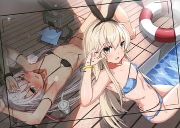 2girls amatsukaze (kancolle) anthropomorphism barefoot bikini blonde hair brown eyes camera drink flat chest gray eyes gray hair headband kantai collection long hair navel rensouhou-kun scan shade shimakaze (kancolle) swim ring swimsuit takanashi kei (hitsujikan) wet wristwear