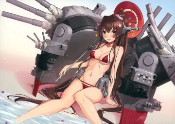anthropomorphism beach bikini blush breasts brown hair kantai collection long hair ponytail red eyes scan swimsuit takanashi kei (hitsujikan) umbrella water weapon yamato (kancolle)