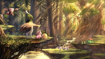aipom bewear bulbasaur celebi decidueye forest illumise karamimame mew mothim no humans oricorio pokemon rowlet scenic sceptile stufful tree treecko venusaur volbeat water waterfall