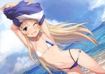 anthropomorphism beach bikini blonde hair blush breasts clouds kantai collection long hair navel scan shimakaze (kancolle) sky swimsuit takanashi kei (hitsujikan) undressing water wink yellow eyes