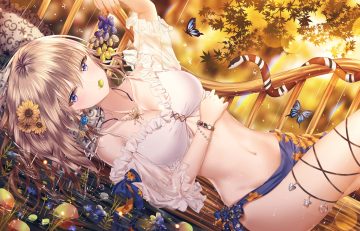 animal blue eyes breasts brown hair butterfly cleavage food forest fruit garter jpeg artifacts junpaku karen leaves navel necklace original rain short hair skirt snake tree water wristwear