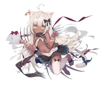 animal ears bandage barefoot blush bones catgirl dark skin dolphro-kun fang flat chest garter belt green eyes loli long hair navel necklace original ribbons scarf skirt stockings tail thighhighs white white hair wristwear
