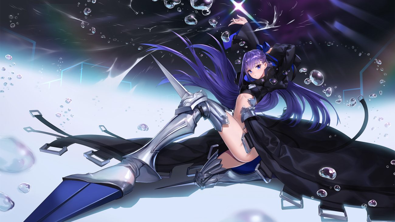 armor blue eyes bow bubbles fate/grand order fate (series) long hair meltryllis mhk (mechamania) navel purple hair ribbons underwater water weapon