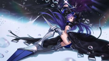 armor blue eyes bow bubbles fate/grand order fate (series) long hair meltryllis mhk (mechamania) navel purple hair ribbons underwater water weapon