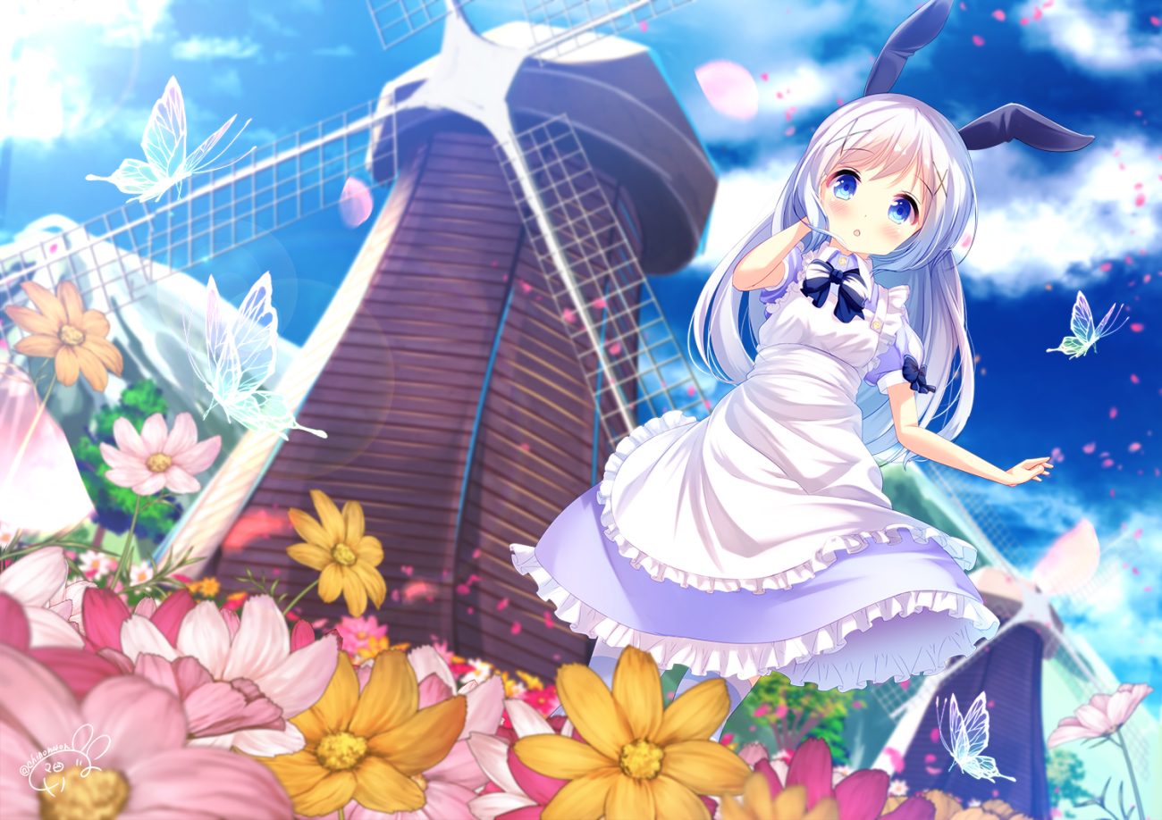 alice in wonderland animal ears apron aqua eyes blush bow bunny ears bunnygirl butterfly chinomaron clouds flowers gochuumon wa usagi desu ka? kafuu chino lolita fashion long hair signed sky stockings white hair windmill