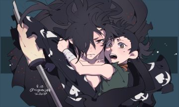 bandage black hair brown eyes close dororo dororo (character) hug hyakkimaru japanese clothes loli long hair male ponytail ringorenji signed sword weapon wristwear
