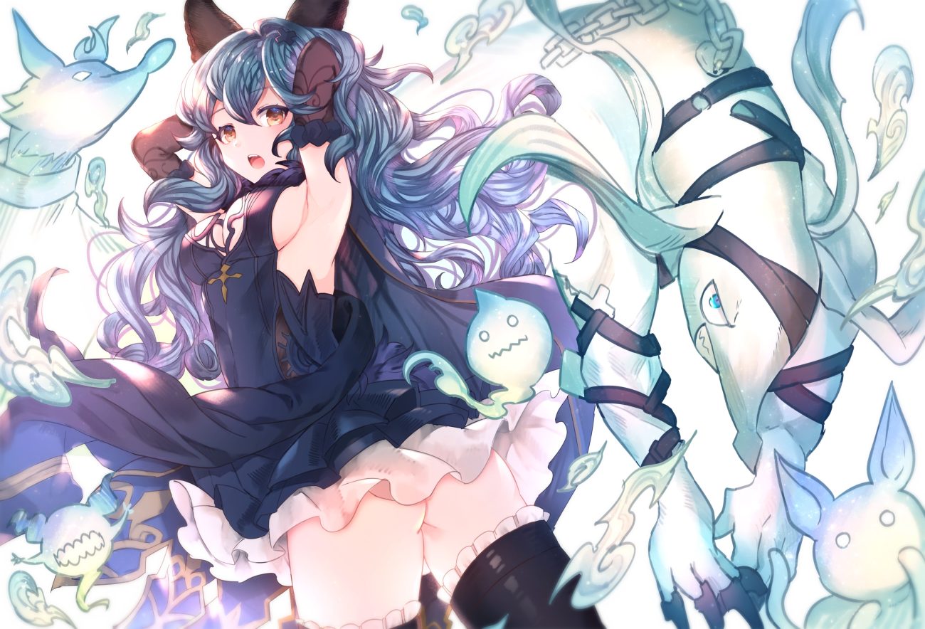 animal ears ass blue hair boots breasts brown eyes dress elbow gloves ferri (granblue fantasy) gloves granblue fantasy long hair magic nopan sideboob sweetroad thighhighs