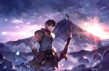 aliasing all male arash (fate) armor black hair bow (weapon) brown eyes clouds fate/prototype fate (series) gloves jpeg artifacts male short hair sky sunakumo weapon