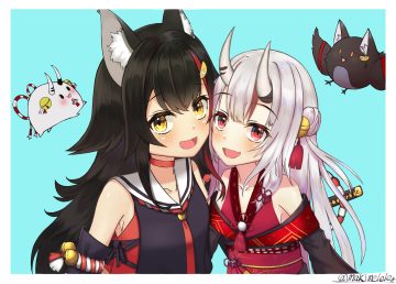 2girls animal ears bell black hair choker demon fang gray hair hololive horns japanese clothes katana long hair ma kimere nakiri ayame ookami mio red eyes rope signed sword weapon wolfgirl yellow eyes