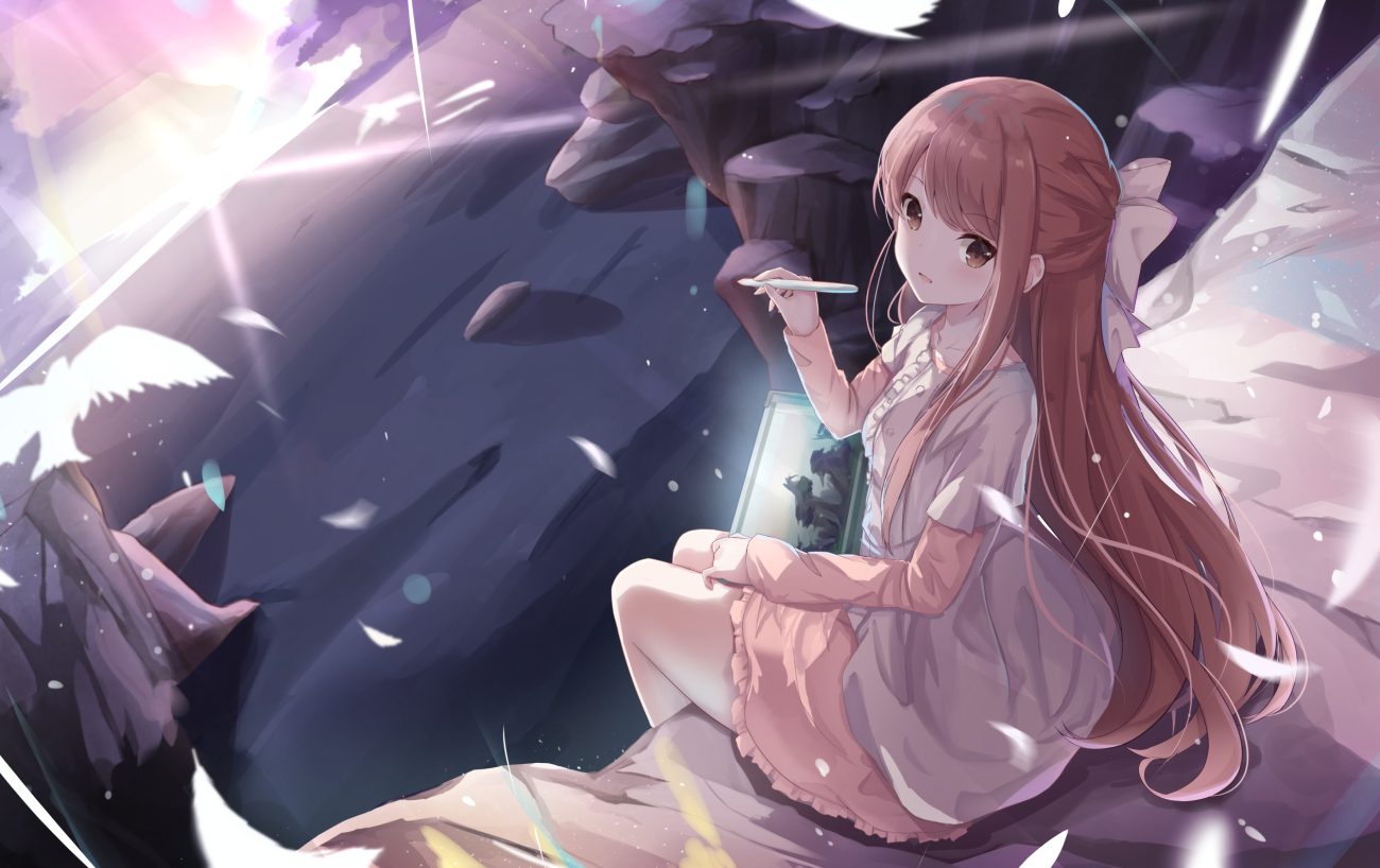 animal bird bow brown eyes brown hair feathers long hair ribbons rin (shelter) shelter touhourh