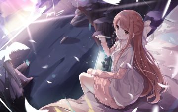 animal bird bow brown eyes brown hair feathers long hair ribbons rin (shelter) shelter touhourh