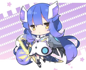 armor blue hair boots chibi cropped dress kneehighs long hair milkpanda phantasy star online phantasy star online 2 sword weapon yellow eyes