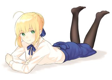 artoria pendragon (all) blonde hair bow braids fate (series) fate/stay night green eyes lq saku pantyhose ribbons saber shirt short hair skirt white