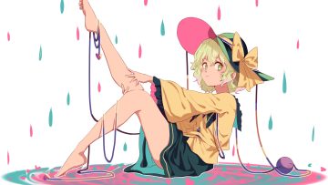 barefoot bow green eyes green hair hat komeiji koishi short hair skirt touhou tuck white