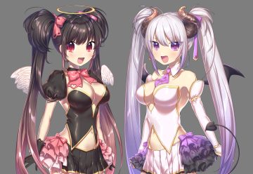 2girls angel black hair bow breasts cleavage demon fang gloves halo horns kirisaki (miku-azu-2525) long hair navel original tail tie transparent twintails white hair wings
