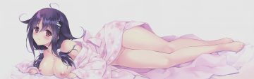 anthropomorphism barefoot breasts carnelian japanese clothes kantai collection long hair nipples no bra nopan open shirt purple eyes purple hair pussy scan taigei (kancolle) twintails uncensored yukata