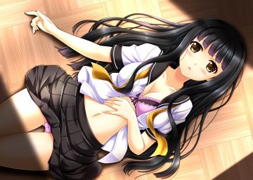 akino shin black hair blush bra breasts brown eyes cameltoe cleavage long hair navel open shirt original panties school uniform skirt underwear