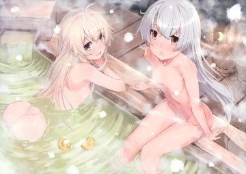 2girls amatsukaze (kancolle) anthropomorphism ass bath bathtub blonde hair blush breasts brown eyes fang gray eyes gray hair kantai collection long hair navel nude onsen scan shimakaze (kancolle) snow takanashi kei (hitsujikan) water