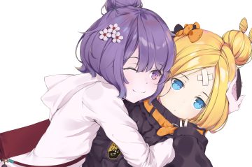 2girls abigail williams (fate/grand order) aqua eyes bandage blonde hair bow camera fate/grand order fate (series) fono headdress hood hug katsushika hokusai phone purple eyes purple hair short hair wink