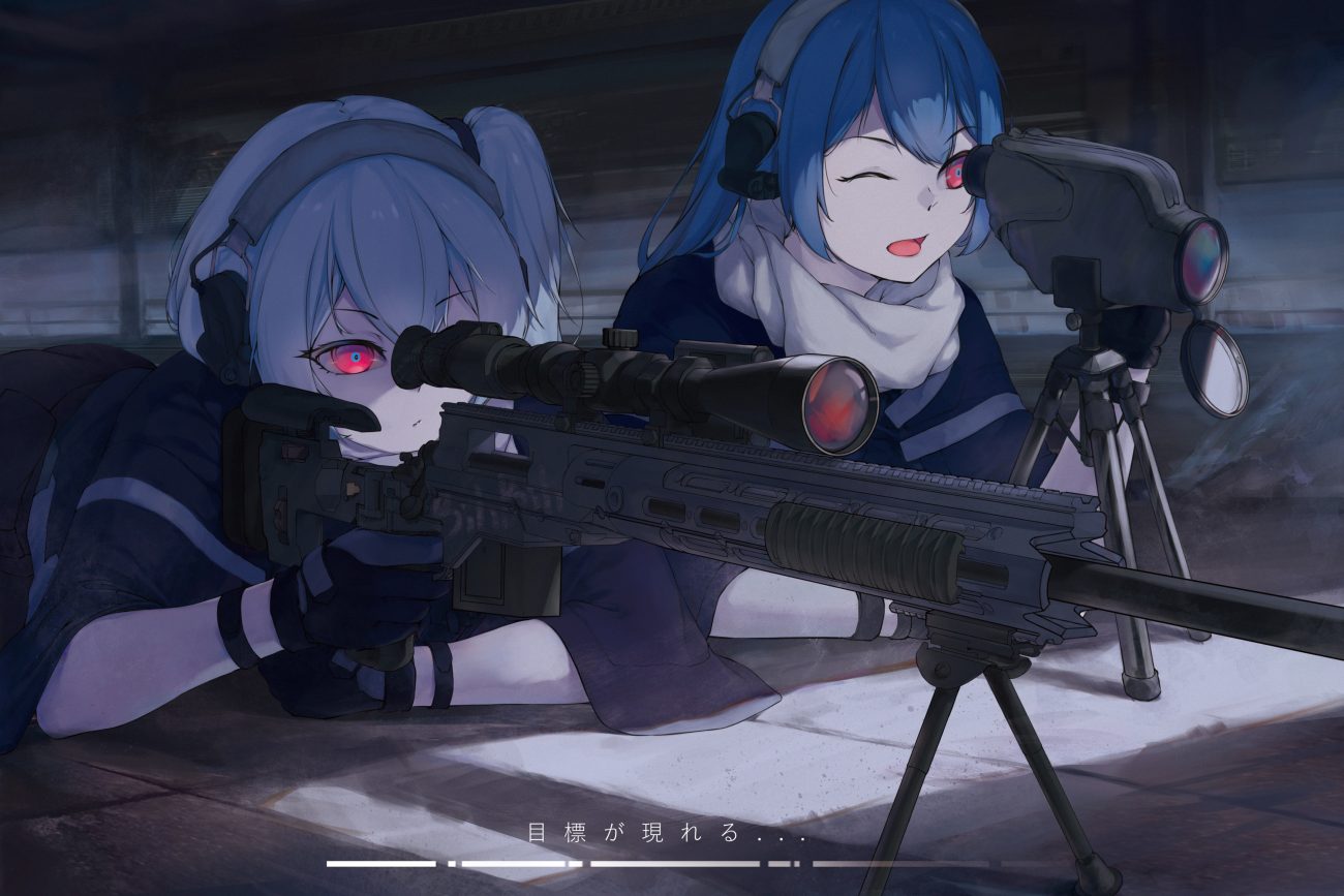 2girls aqua hair bili bili douga bili girl 22 bili girl 33 fono gray hair gun headphones long hair ponytail scarf uniform weapon wink