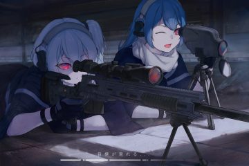 2girls aqua hair bili bili douga bili girl 22 bili girl 33 fono gray hair gun headphones long hair ponytail scarf uniform weapon wink