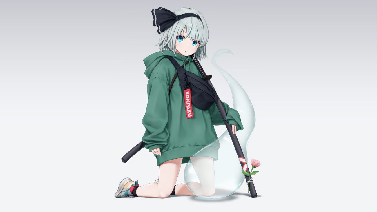 aqua eyes dtvisu flowers gradient gray hair headband hood katana konpaku youmu myon short hair sword touhou weapon