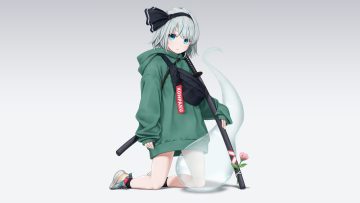 aqua eyes dtvisu flowers gradient gray hair headband hood katana konpaku youmu myon short hair sword touhou weapon