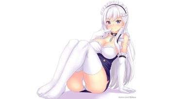 anthropomorphism azur lane belfast (azur lane) blue eyes braids breasts chain cleavage collar dress fast-runner-2024 gloves headdress long hair maid thighhighs watermark white hair