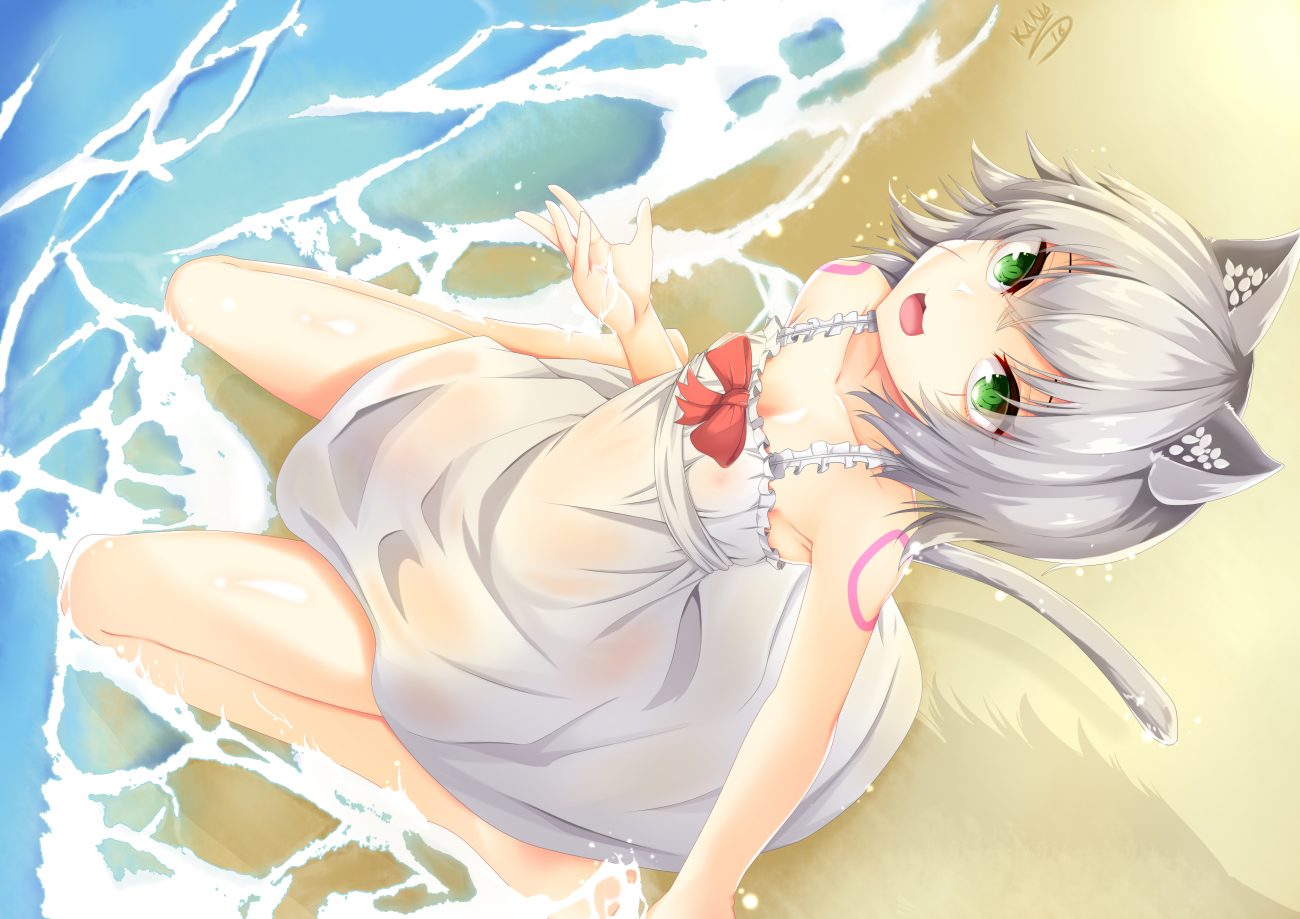animal ears beach catgirl cat smile dress fate/apocrypha fate/grand order fate (series) gray hair green eyes jack the ripper kana616 nipples see through short hair signed summer dress tail tattoo water wet