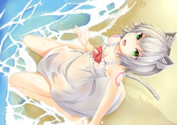animal ears beach catgirl cat smile dress fate/apocrypha fate/grand order fate (series) gray hair green eyes jack the ripper kana616 nipples see through short hair signed summer dress tail tattoo water wet