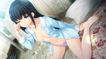 barefoot bed black hair blue eyes book breasts game cg long hair missing-x-link mizushiro yuuri navel no bra open shirt pajamas panties sky (freedom) underwear wink