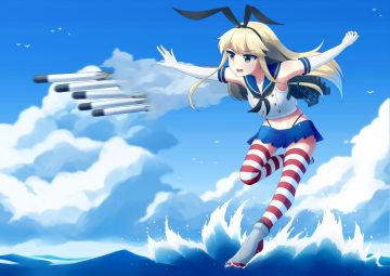 aliasing anthropomorphism blonde hair brown eyes clouds elbow gloves gloves kantai collection school uniform shimakaze (kancolle) skirt sky thighhighs vicgt005 water weapon