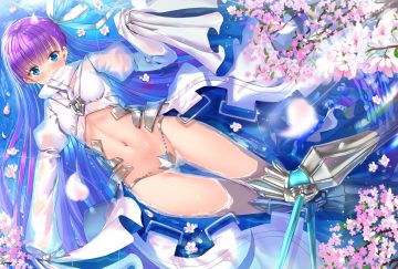 aqua eyes armor blush cherry blossoms fate/grand order fate (series) flowers long hair meltryllis navel purple hair ribbons swordsouls water weapon