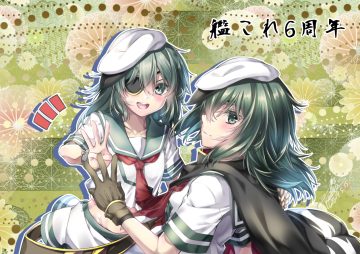 anthropomorphism blush eyepatch gloves green green eyes green hair hat kantai collection kiso (kancolle) school uniform short hair tie yuihira asu