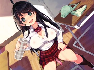 black hair blush bow breasts cleavage cum green eyes kneehighs long hair nipples no bra nomura ryouji nopan pussy juice school uniform see through skirt skirt lift vibrator