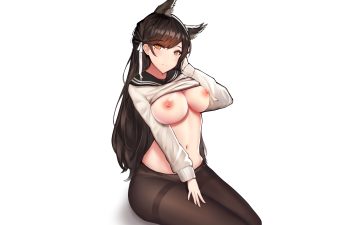 animal ears anthropomorphism atago (azur lane) azur lane breasts cropped foxgirl long hair navel nipples no bra pantyhose school uniform shirt lift siu (siu0207) third-party edit white